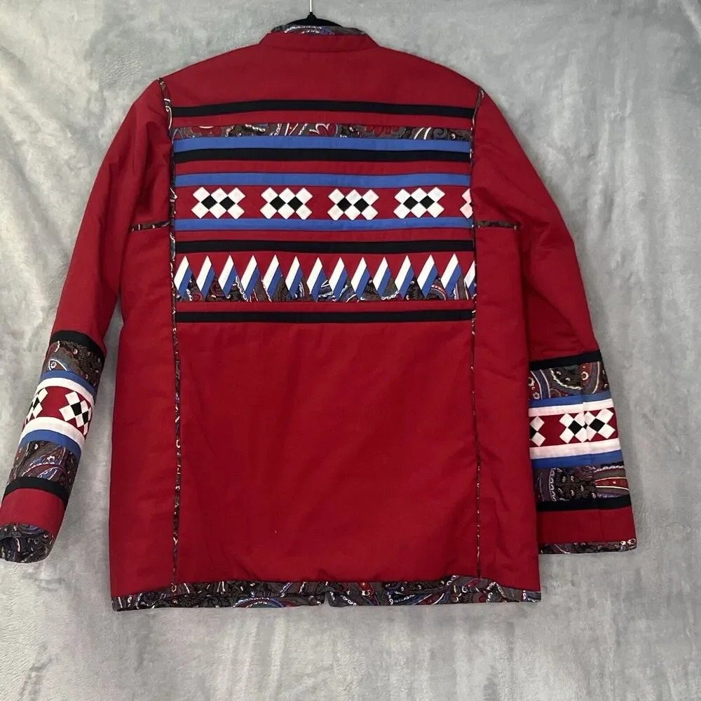 VTG Patchwork Asian‎ Traditional Red Reversible Paisley Geometric Jacket Sz M